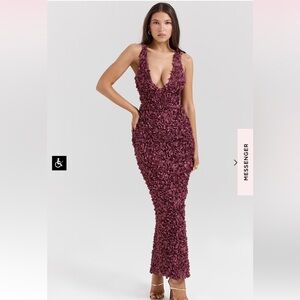 CARENA MERLOT PLUNGE FLORAL APPLIQUÉ MAXI DRESS